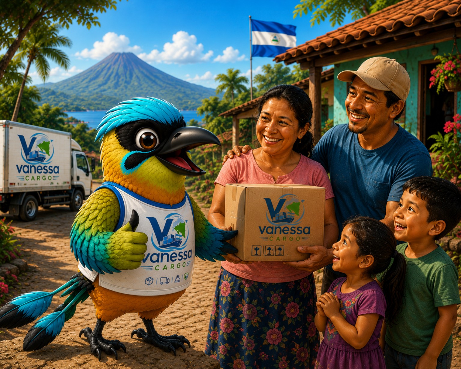 Chocolito con una familia recibiendo un paquete de Vanessa Cargo en Nicaragua
