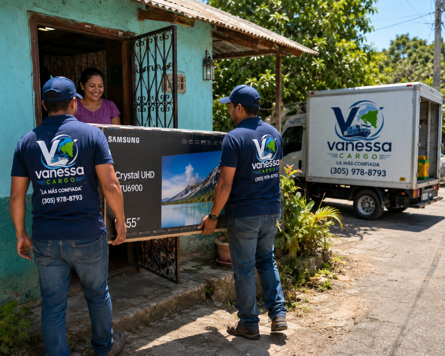 Equipo de Vanessa Cargo entregando un televisor a una familia